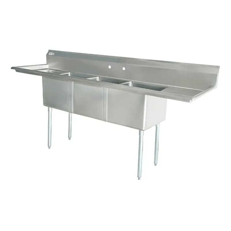 Chef AAA - Three Tub Pot Sink 3.5 Inch Center Drain Two Drain Boards | 43763