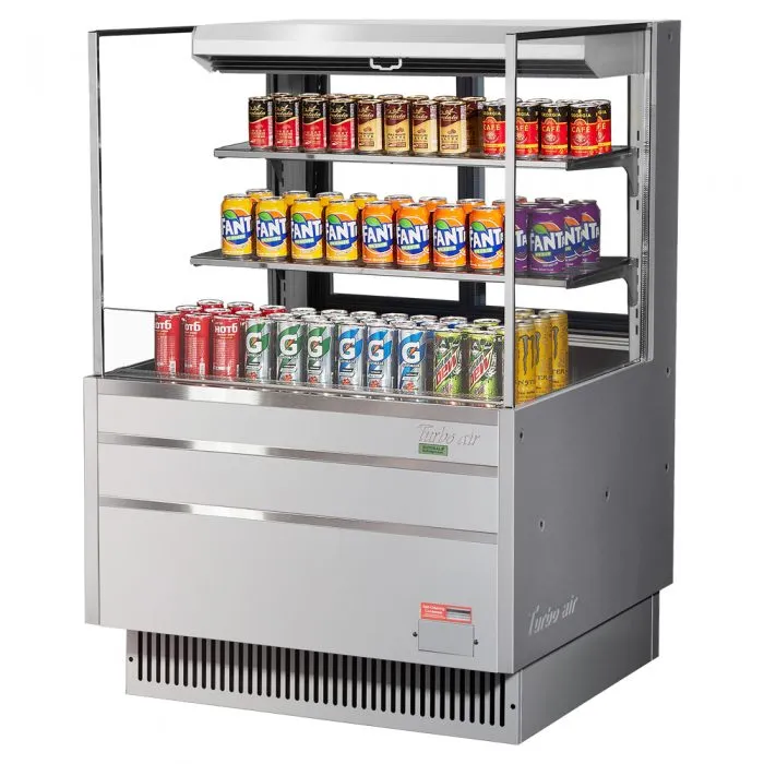 Turbo Air - TOM-36L-UFD-S-3S-N. Commercial Open Display Case Horizontal. Low profile with glass side panels Refrigerator